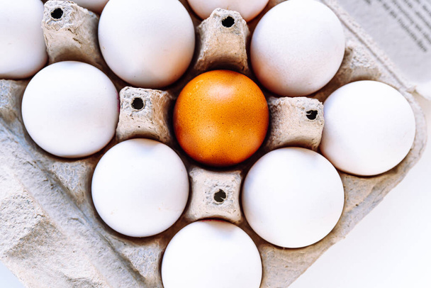 Vista superior de huevos con cáscara blanca y un huevo marrón, en bandeja de cartón reciclado. concepto de diversidad, individualidad, alimentos saludables. huevo de cáscara marrón se destaca contra los huevos de cáscara blanca - Foto, Imagen