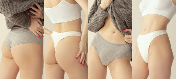 Cropped images of sportive bodies, bellies and breasts and buttocks of young woman in white and grey underwear. Collage. Natural beauty, treatment, healthcare, fitness and diet concept. - Foto, immagini
