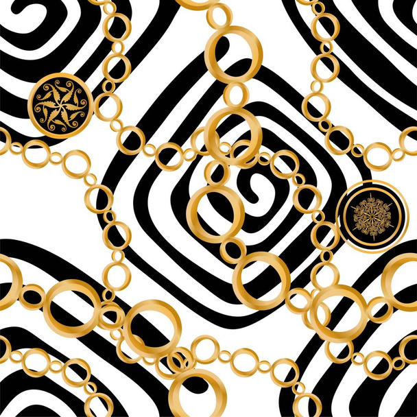 Seamless pattern decorated with precious stones, gold chains and pearls. - Vector, imagen