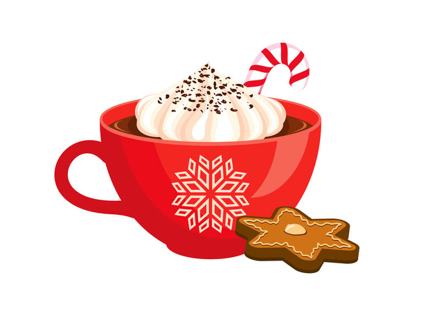 Roter Becher mit heißer Schokolade mit Schlagsahne und Lebkuchensymbol. Winter-Kakao-Heißgetränk-Symbol isoliert auf weißem Hintergrund. Weihnachtsgetränk mit Zuckerrohrverlosung - Vektor, Bild