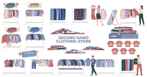 Conjunto de ropa de segunda mano con símbolos de tienda de ropa plana ilustración vectorial aislado - Vector, imagen