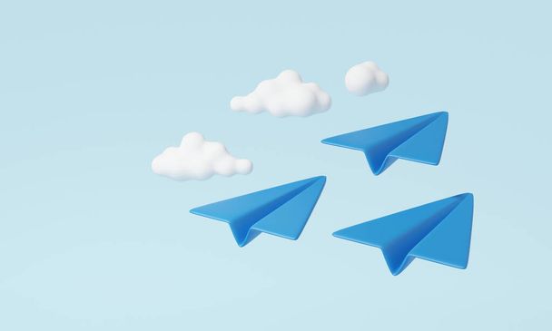 Trzy niebieski samolot papieru z chmurami Minimalna kreskówka ładny gładki. koncepcja kreatywnego przywództwa wizji. Ilustracja 3D renderowania - Zdjęcie, obraz
