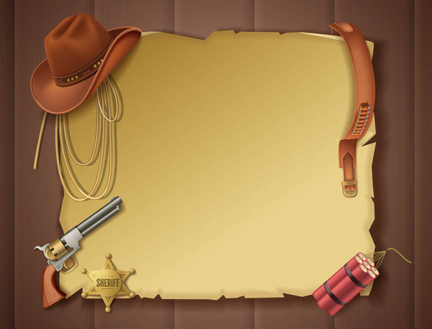 Wild West rajzfilm kompozíció felülnézetből üres lap cowboy ruhák és seriff tartozékok vektor illusztráció - Vektor, kép