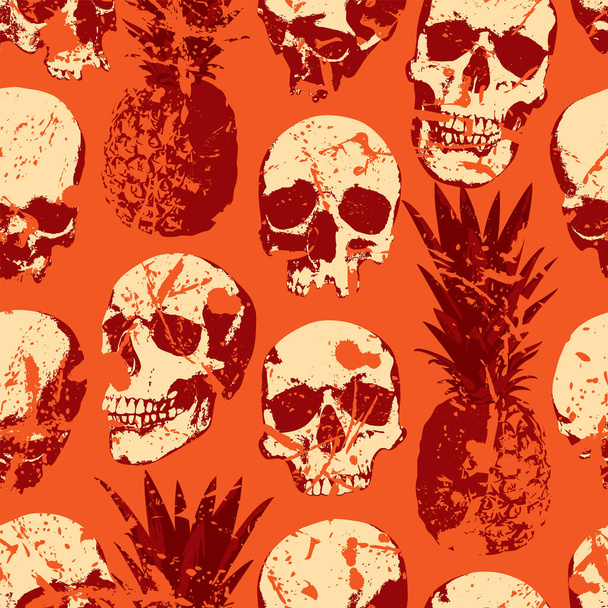 Seamless pattern with human skulls and pineapples on grunge bloody texture background. Vector background with sinister skulls in retro style. Graphic print for clothes, fabric, wallpaper - Vektor, Bild