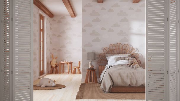 Белая раскладная дверь детской спальни с деревянной мебелью, односпальной кроватью, обоями, дизайном интерьера, концепцией архитектора - Фото, изображение