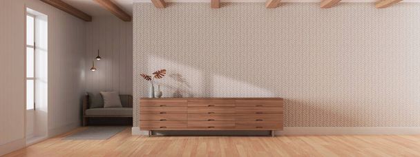 Japandi sala de estar en tonos blancos y beige. Cajonera de madera con maqueta de pared. Parquet y papel pintado. Diseño de interiores, vista panorámica - Foto, Imagen
