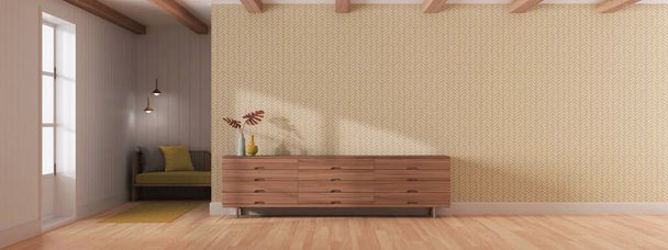 Japandi sala de estar en tonos blanco y amarillo. Cajonera de madera con maqueta de pared. Parquet y papel pintado. Diseño de interiores, vista panorámica - Foto, Imagen