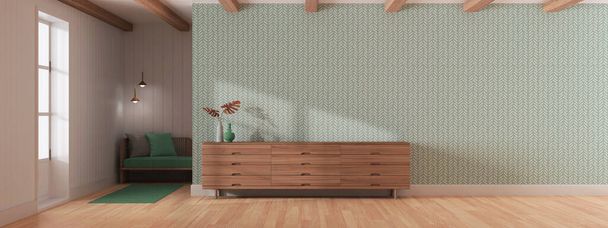 Japandi living room in white and green tones. Wooden chest of drawers with wall mockup. Parquet and wallpaper. Interior design, panoramic view - Photo, Image