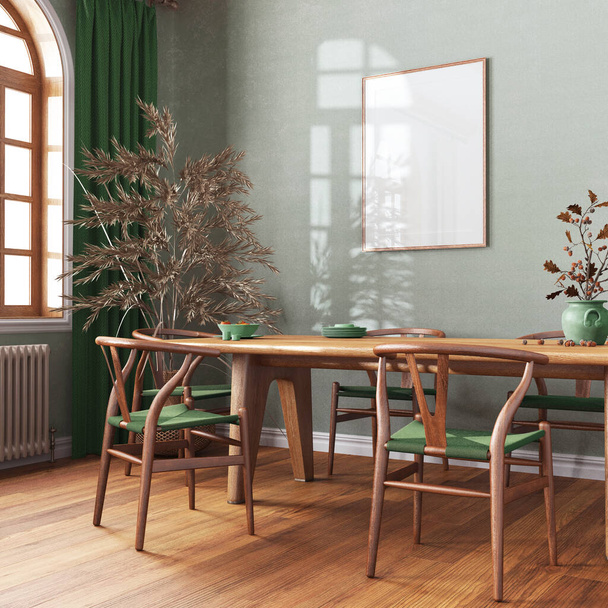 Skandináv vintage étkező zöld és bézs árnyalatokkal. Fából készült asztal székekkel, parkettával, dekorációval és keretes mockuppal. Tanyasi belsőépítészet - Fotó, kép