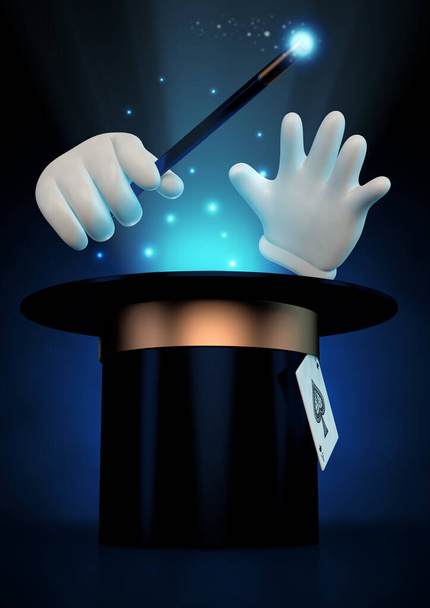Ilustração 3d de um par de mãos levitando segurando uma varinha abouve um chapéu de cima wth luz mágica saindo dele - Foto, Imagem