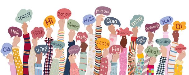 Vele handen opgeheven van diverse en multiculturele kinderen en tieners houden spraakbellen met tekst -hallo- in verschillende internationale talen. Diversiteit kinderen. Rassengelijkheid. Vriendschap  - Vector, afbeelding