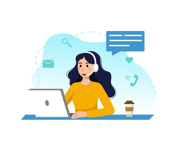 Call center online worker flat illustration office operator speaking phone with laptop and headphones - Вектор, зображення