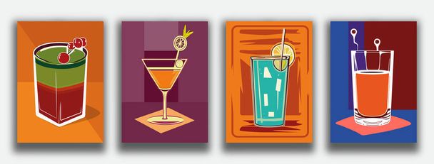 Cocktails collection. Classic and tropical alcoholic drinks, long drinking and shot - Vector, Imagen