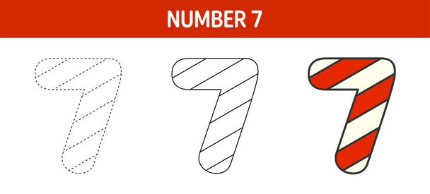Number 7 Candy Cane, tracing and coloring worksheet for kids - Vector, Image