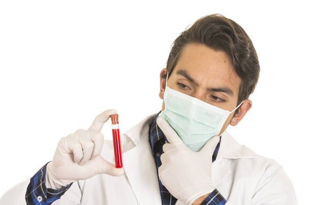 male lab researcher technician scientist doctor holding test tube - Zdjęcie, obraz