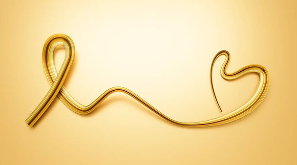 Ruban d'or comme symbole de la sensibilisation au cancer chez l'enfant Coeur réalisé avec le ruban d'or Illustration 3D - Photo, image