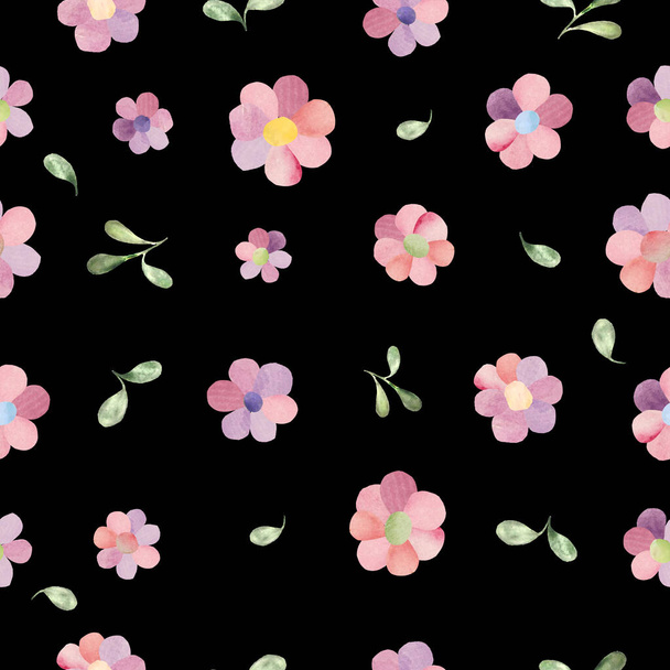 Watercolor floral seamless pattern with different flowers, leaves. Hand drawn flowers illustration isolated on black background. For packaging, wallpaper, wrapping design or print. Vector EPS. - Vetor, Imagem