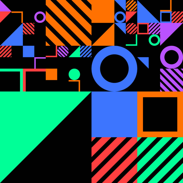 Világos színű formák zökkenőmentes minta.Vonzó modern minta. Négyzetek, vonalak, rácsok, háromszögek, L formák és körök különböző erős színek, csempe háttér - Fotó, kép
