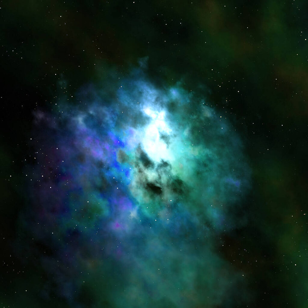 Spectacular close up view at spherical nebula with lighting gas clouds, green blue colored stellar formation with lot stand alone stars around - Photo, Image