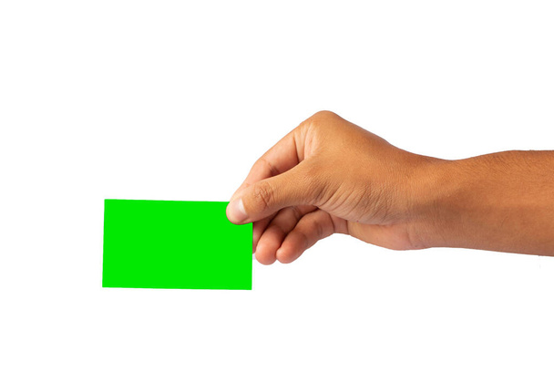hand handing a green color card on white background - Φωτογραφία, εικόνα