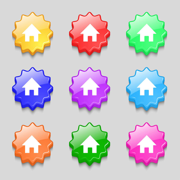 "Home, Main page icon sign. symbol on nine wavy colourful buttons. " - Foto, imagen