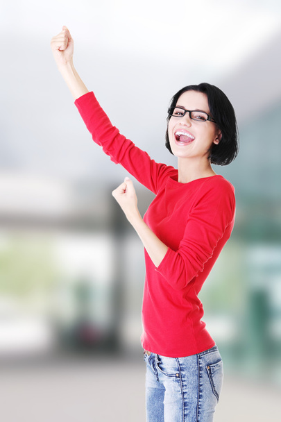 Excited woman with fists up - Foto, Imagen