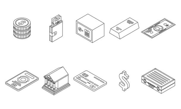 Bank metals icons set. Isometric set of bank metals vector icons outline isolated on white background - Вектор, зображення