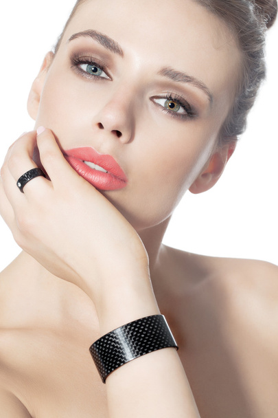 Woman With Red Lipstick And Modern Jewelry - Photo, Image