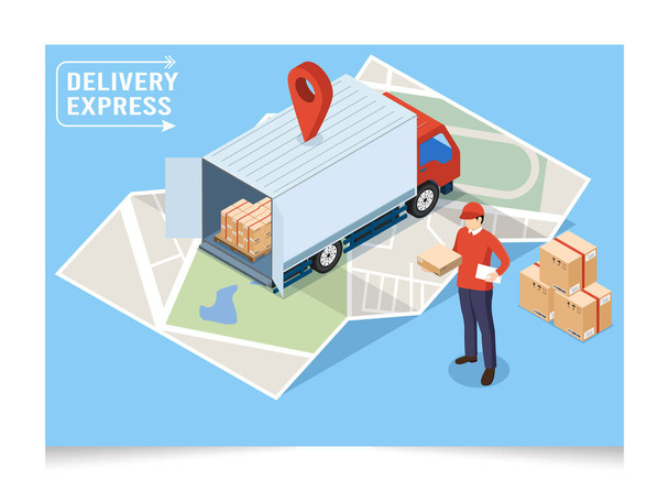 Logistica isometrica 3D e concetto di consegna con consegne Delivery Man I pacchetti inviati in tutto il mondo. Illustrazione vettoriale eps10 - Vettoriali, immagini