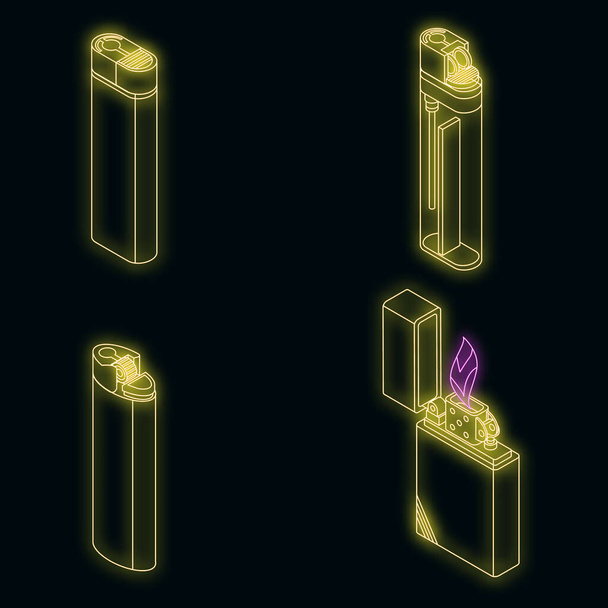 Cigarette lighter icons set. Isometric set of cigarette lighter vector icons neon on black - Vektori, kuva