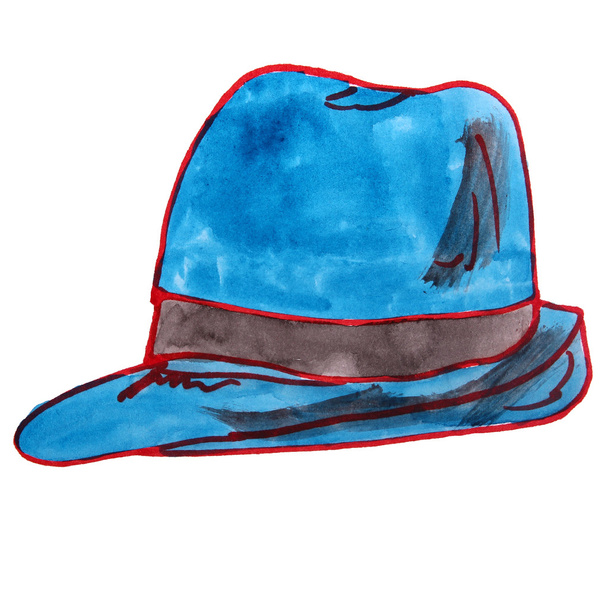 acuarela dibujo niños sombrero, dibujos animados azules en un respaldo blanco
 - Foto, Imagen