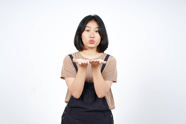 Blowing Kiss of Beautiful Asian Woman Isolated On White Background - 写真・画像