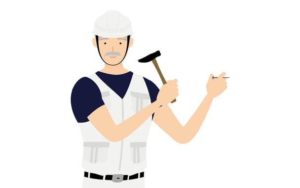 Carpinteiro homem sênior pose, Coloque um prego na parede - Vetor, Imagem