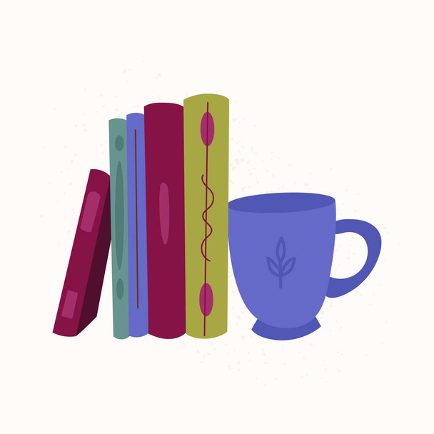 Libros y taza de té ilustración vectorial aislado. Acogedor concepto de biblioteca dibujado a mano en blanco - Vector, imagen