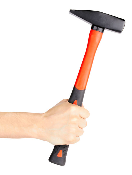 Hammer in hand on white background - Photo, Image