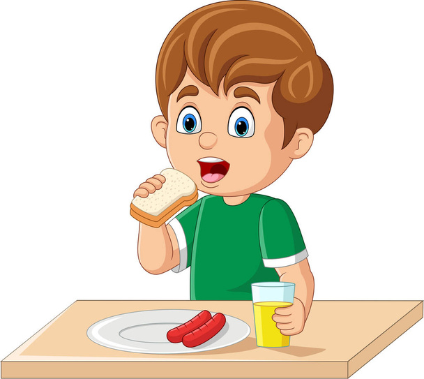 Vektorillustration des Cartoon-Jungen beim Frühstück mit Brot, Wurst und Orangensaft - Vektor, Bild