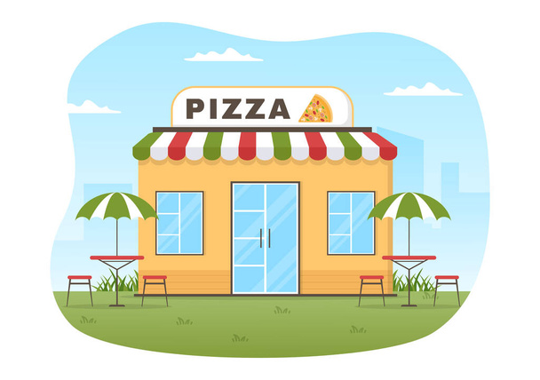 Restaurante de comida italiana ou cafetaria com Chef Fazendo pratos tradicionais italianos Pizza na mão Desenhado Cartoon Template Ilustração - Vetor, Imagem