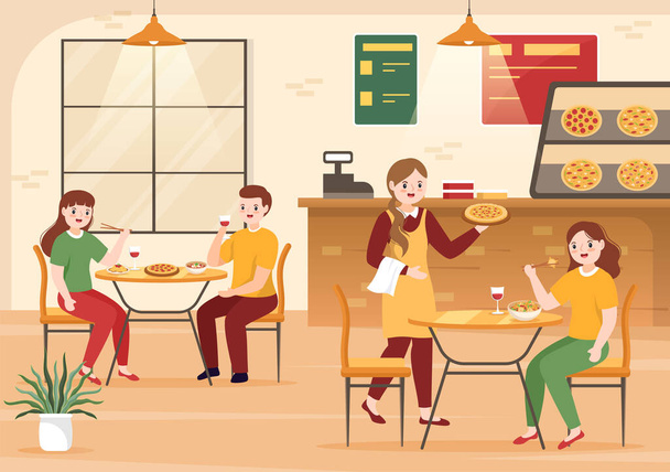Restaurante de comida italiana o cafetería con gente comiendo platos tradicionales de Italia Pizza o Pasta en Plantilla de dibujos animados dibujada a mano Ilustración - Vector, imagen