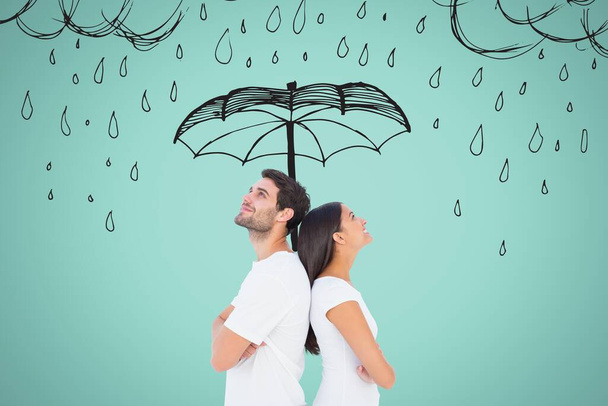 Koppel met een getekende paraplu en regen - Foto, afbeelding