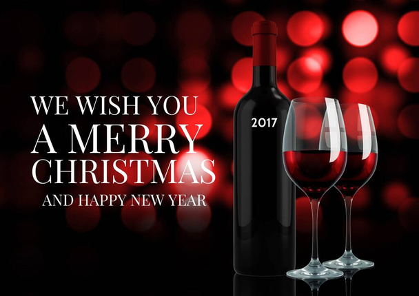 Χριστουγεννιάτικο κείμενο και κρασί σε κόκκινο φόντο - Φωτογραφία, εικόνα