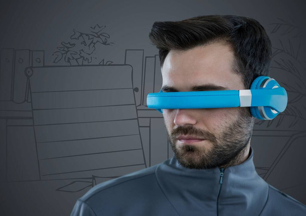 Человек в синей гарнитуре виртуальной реальности против серого кабинета, нарисованного вручную  - Фото, изображение