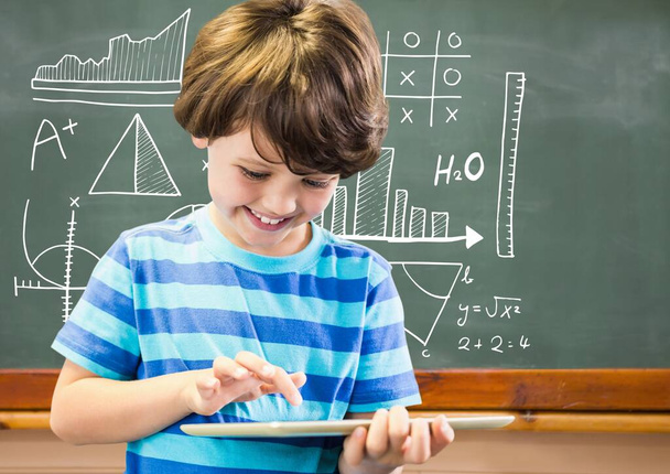 Math equations on blackboard with boy on tablet - Photo, Image