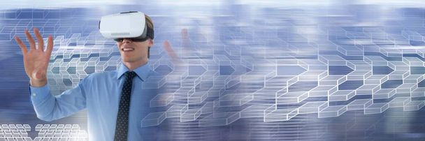 Man using virtual reality headset with geometric transitions  - Photo, Image