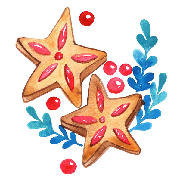 Erdbeer-Marmelade-Plätzchen-Stern mit Beeren- und Farnblättern Aquarell-Illustration zur Dekoration an Weihnachten. - Foto, Bild