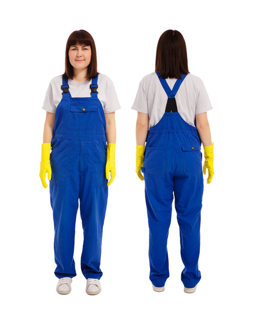 front and back view of young female cleaner in blue coverall uniform and yellow gloves isolated on white background - Foto, afbeelding
