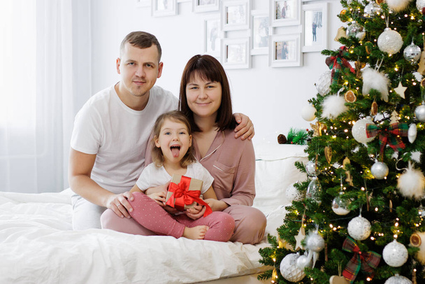 Kerstmis, familie en liefde concept - portret van grappige familie zitten in de buurt van kerstboom - Foto, afbeelding