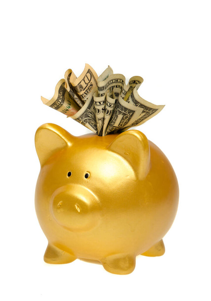 Golden piggy bank on white background - Фото, зображення