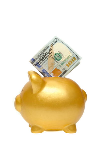 Golden piggy bank on white background - Foto, Bild