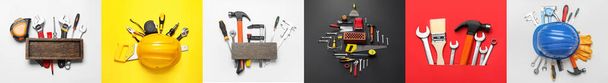 Collage con diferentes herramientas de construcción sobre fondo de color, vista superior - Foto, imagen