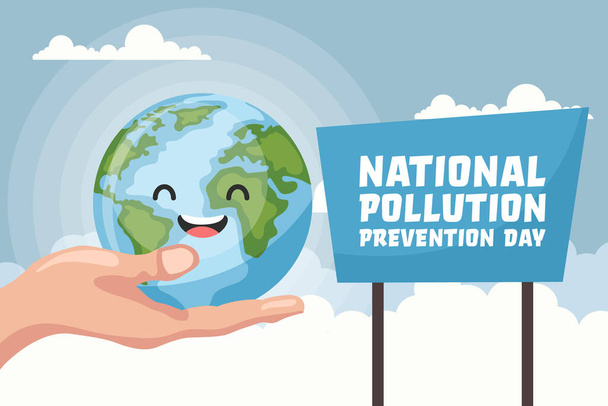 Fondo de dibujos animados del planeta tierra sostenido por una mano con el texto de la jornada nacional de prevención de la contaminación. Póster para sensibilizar sobre el cuidado del medio ambiente - Vector, imagen